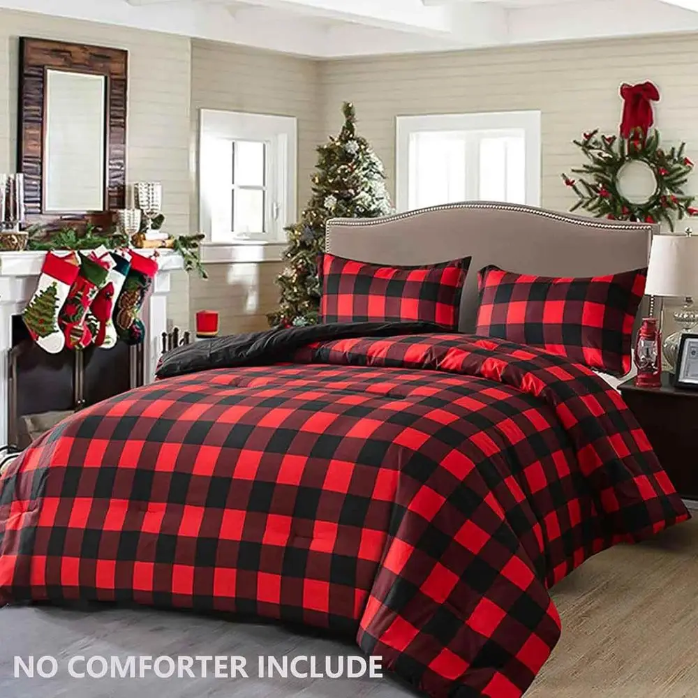 reversible microfiber duvet cover set red & black buffalo check plaid, 3 piece modern bedding for christmas & new year, 90x90 reversible microfiber duvet cover set red & black buffalo check plaid, 3 piece modern bedding for christmas & new year, 90x90