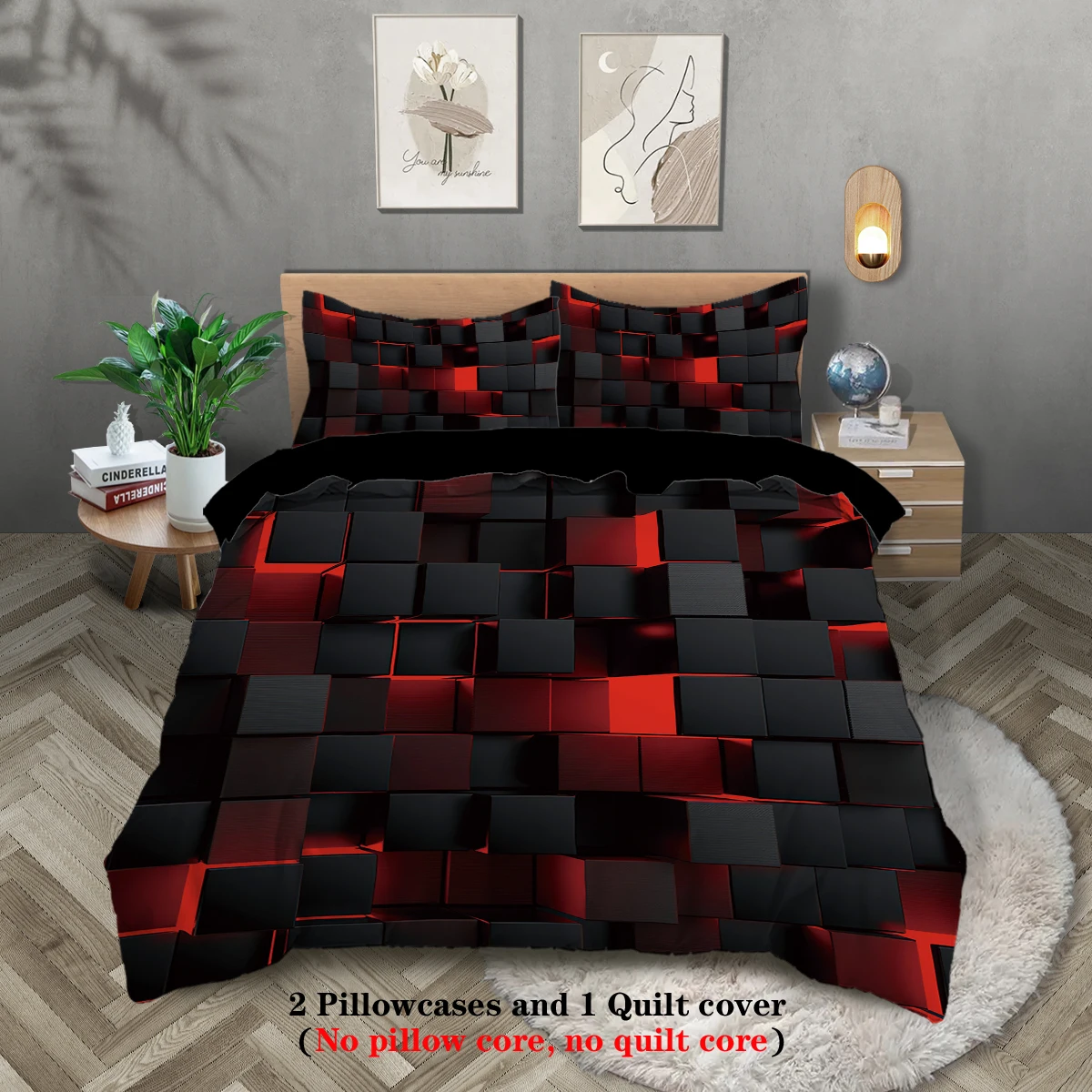 3pcs red transparent grid visual effects bedding set, suitable for teenagers and adult bedroom,1*duvet cover+2*pillowcase 3pcs red transparent grid visual effects bedding set, suitable for teenagers and adult bedroom,1*duvet cover+2*pillowcase