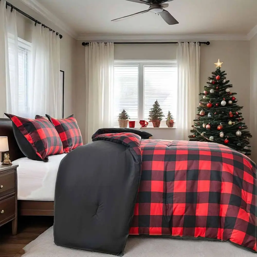 reversible microfiber duvet cover set red & black buffalo check plaid, 3 piece modern bedding for christmas & new year, 90x90 reversible microfiber duvet cover set red & black buffalo check plaid, 3 piece modern bedding for christmas & new year, 90x90